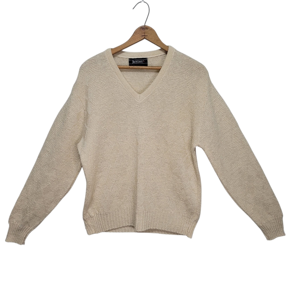 Vintage 1980s Jantzen Mens Beige VNeck Sweater Size M Flawed